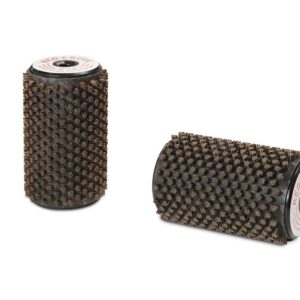 Two brown cylindrical abrasive drum brushes with bristle texture, standing on white background—likely grinding or deburring tools.