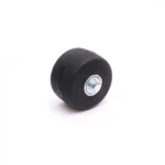 Black rubber wheel with a metal hub and central bolt insert