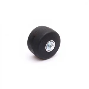Black rubber wheel with a metal hub and central bolt insert