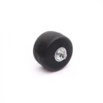Small black rubber wheel with a central metal axle and washer on a white background