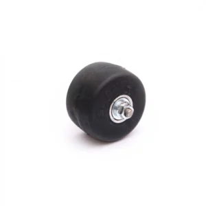 Small black rubber wheel with a central metal axle and washer on a white background