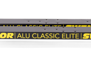Pair of Swenor ALU Classic Elite roller skis with black frames and yellow branding.