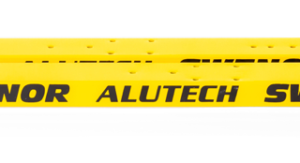Yellow aluminum roller dolly with four black casters, branded SWENOR ALUTECH, used to move heavy loads