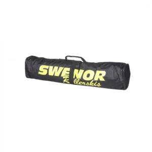 Black cylindrical duffel bag with a yellow logo and a top carrying handle