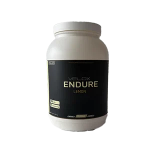 Velox Endure Lemon supplement bottle with white cap and dark label on a white background
