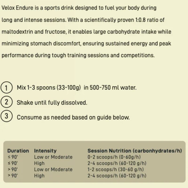 Velox Endure sports drink: carb ratio explanation and a 3-step mixing/consumption guide; includes a session nutrition table.