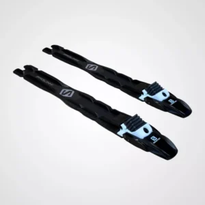 Pair of black cross-country ski bindings with light blue front clamps, branded Prolink, viewed from above